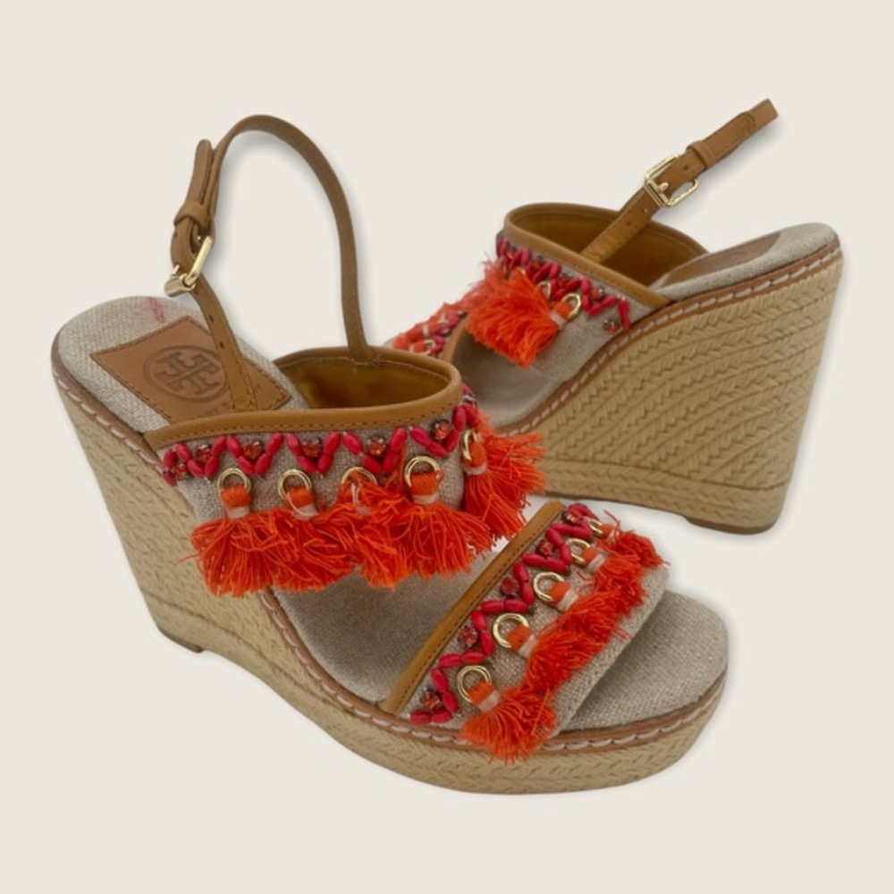 Tory Burch “Niyah” Orange Tassels Beaded Espadrille 4.5 Wedge